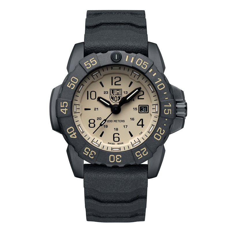 Rugged military-style wristwatch with a black band and beige face.