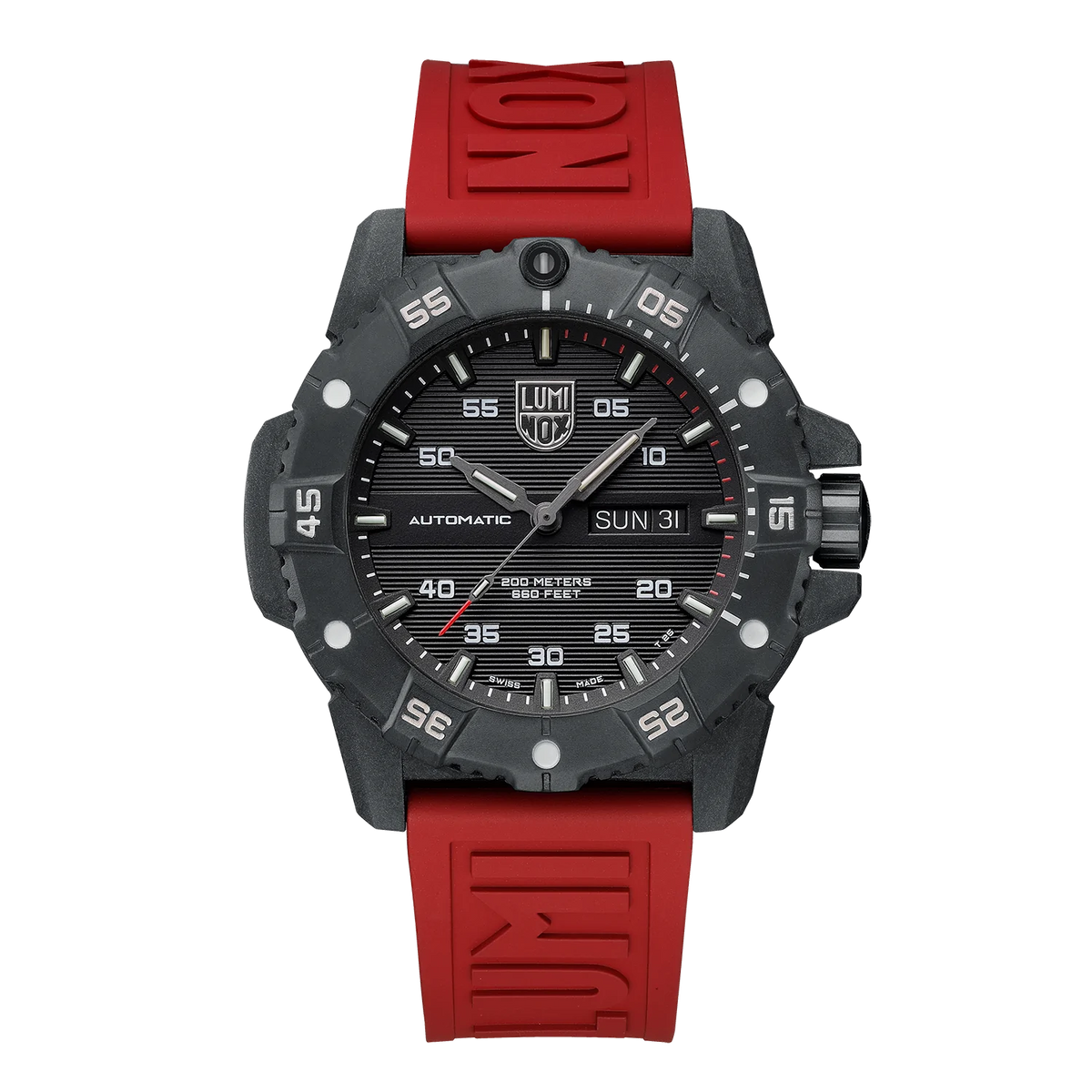 Rugged sports watch with a black face and red rubber strap.