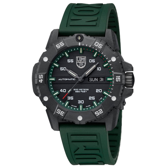 Rugged sports watch with a dark face and green accents on a green rubber strap.