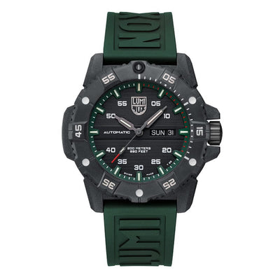 Rugged sports watch with a green rubber strap and black face featuring luminous markings.