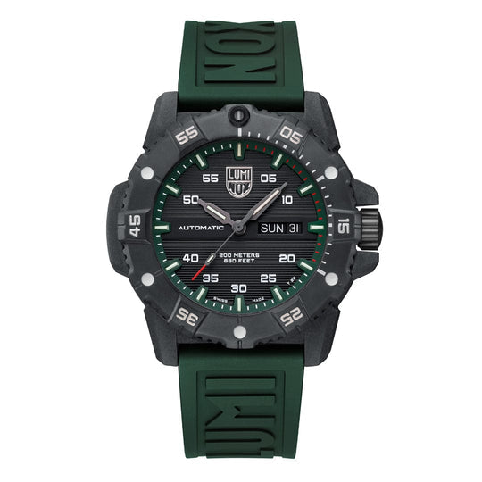 Rugged sports watch with a green rubber strap and black face featuring luminous markings.
