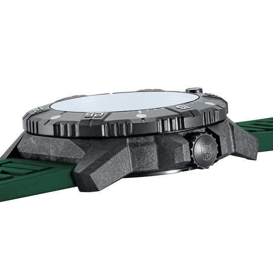 Rugged sports watch with a dark gray case and green rubber strap.