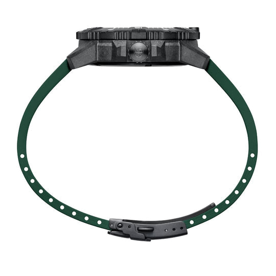 Wristwatch with a dark face and green rubber strap.