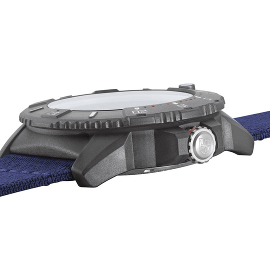 Wristwatch with a dark gray case and blue strap.