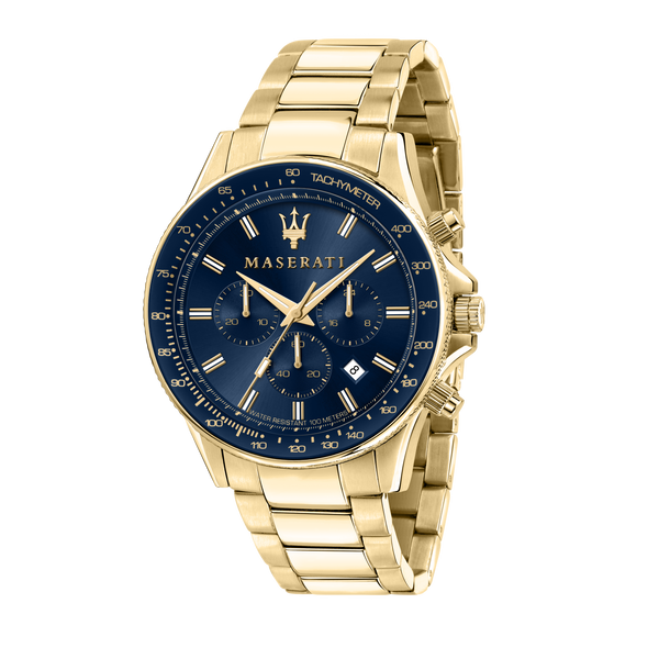 Gold-toned Maserati wristwatch with a blue dial face.