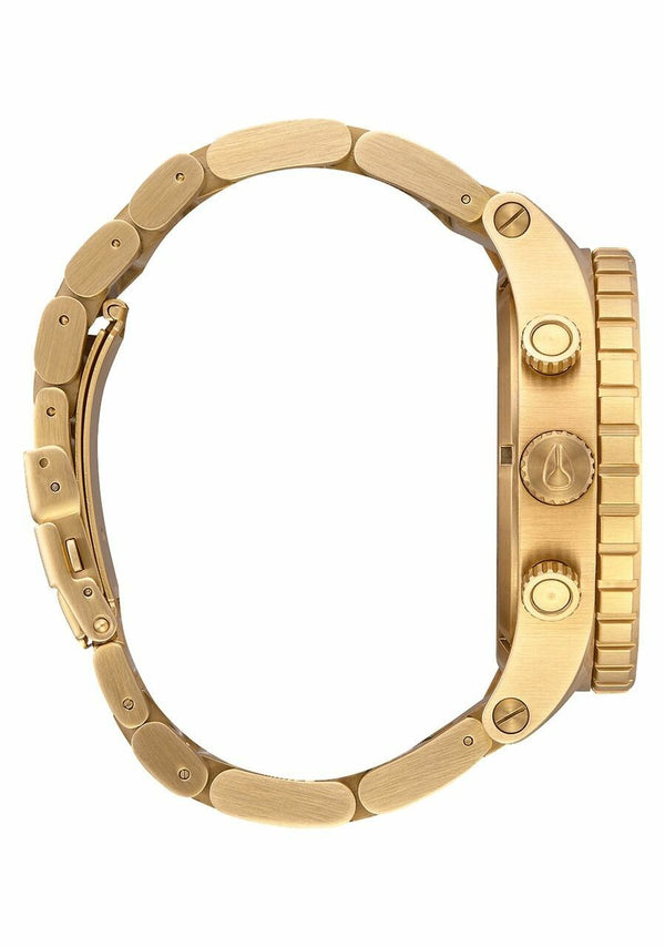 Gold-toned wristwatch with a chunky metal bracelet and prominent bezel.