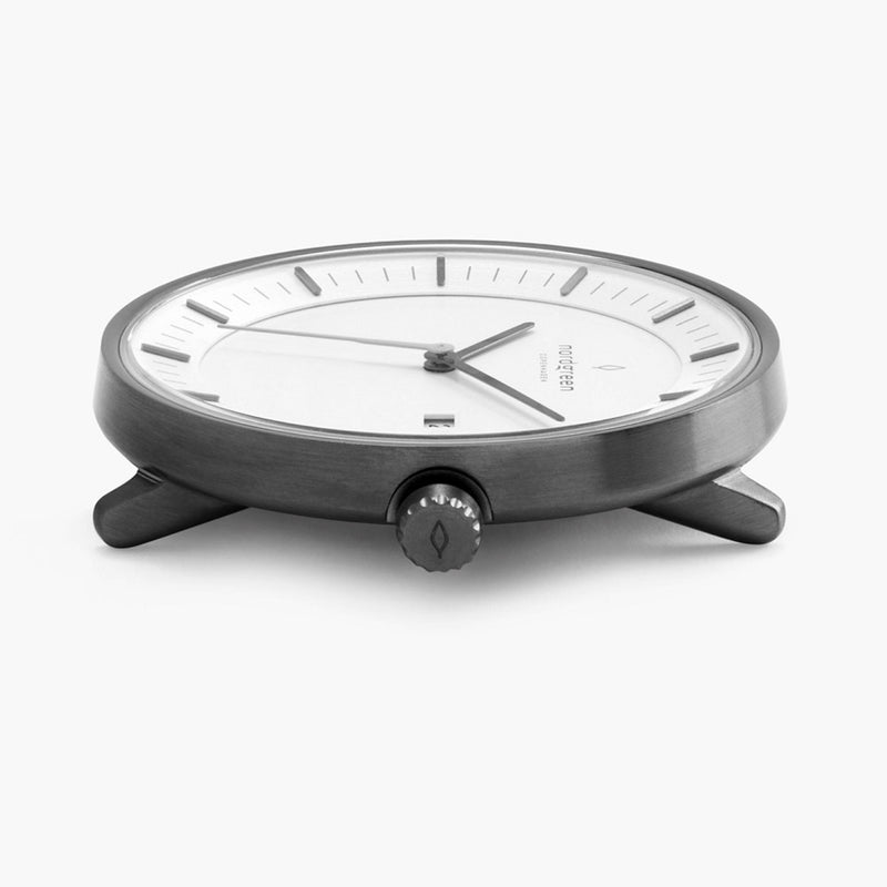 Sleek, minimalist wristwatch with a round face and metallic gray casing.