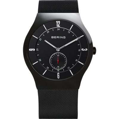 Sleek black wristwatch with a minimalist design and mesh band.