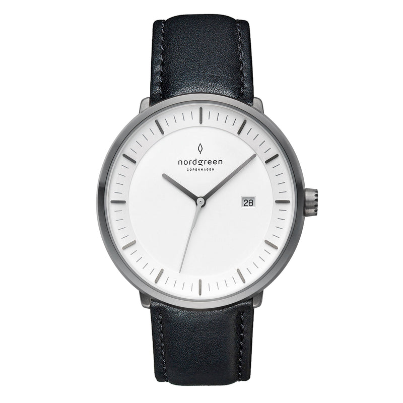 Minimalist wristwatch with a white dial, silver case, and black leather strap.