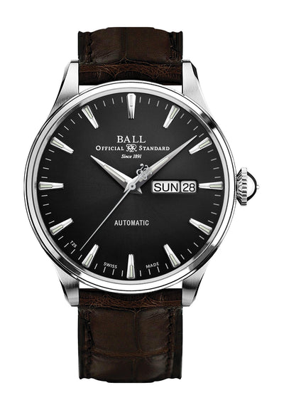 Elegant wristwatch with a black dial, silver case, and brown leather strap.