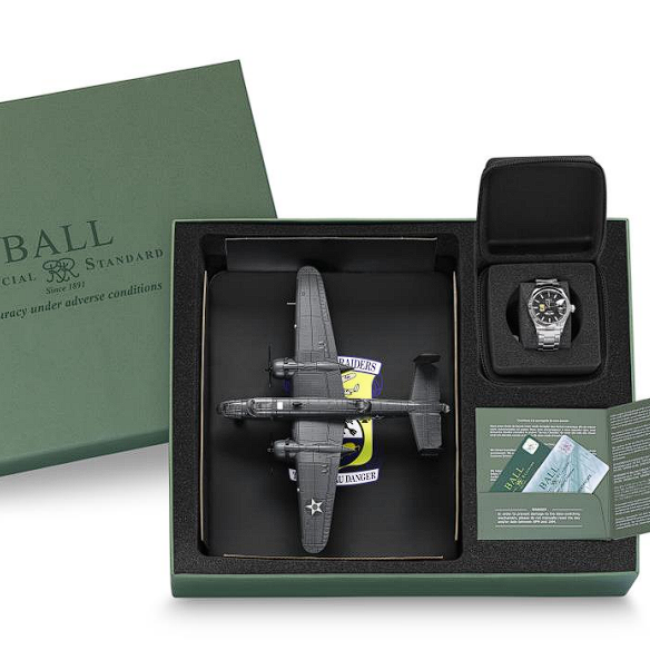 Luxury watch gift set featuring a wristwatch and model airplane in an elegant green box.