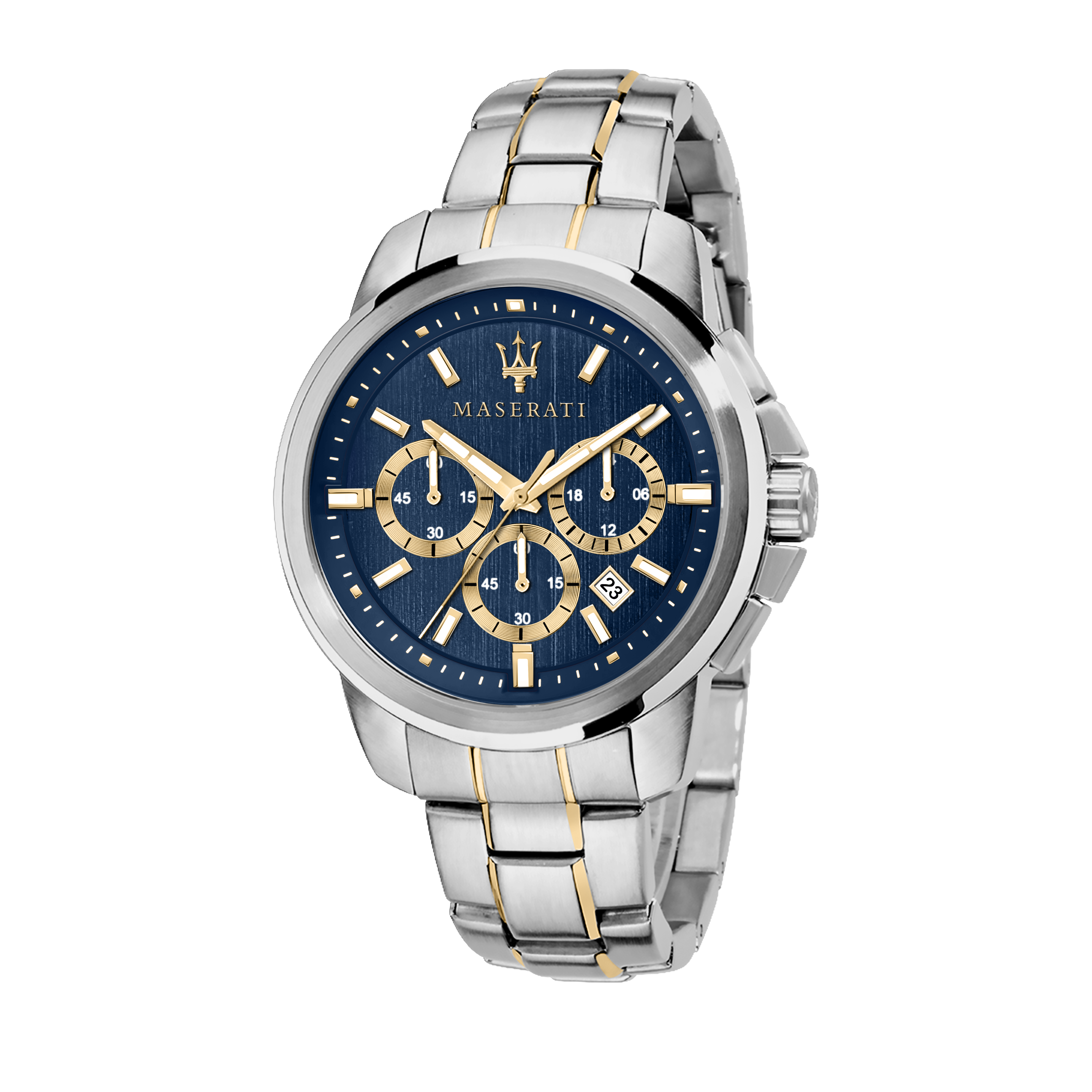 Luxury wristwatch with a blue dial and silver and gold-tone metal bracelet.
