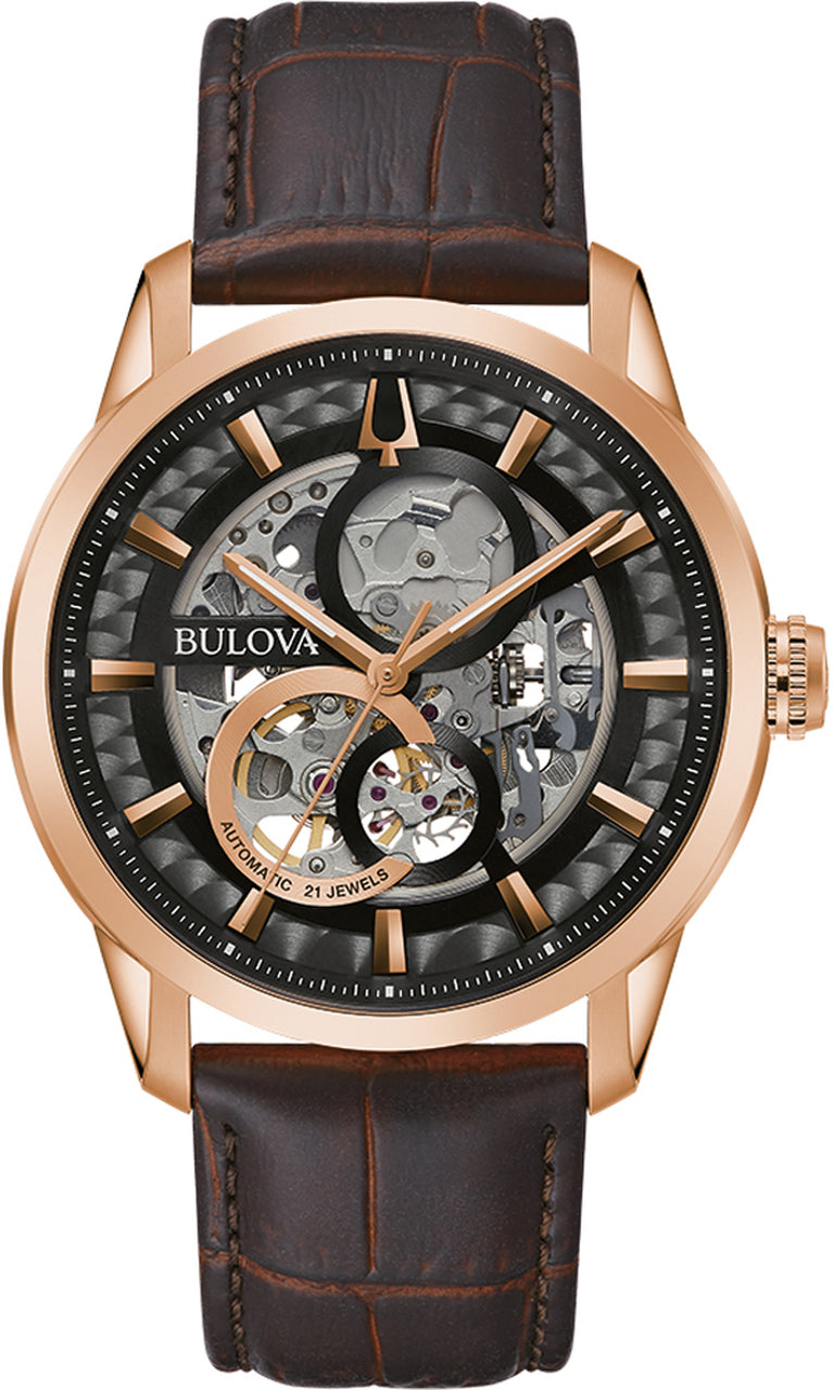 Bulova Sutton Skeleton Automatic Brown Leather Band Mens Watch 97A169