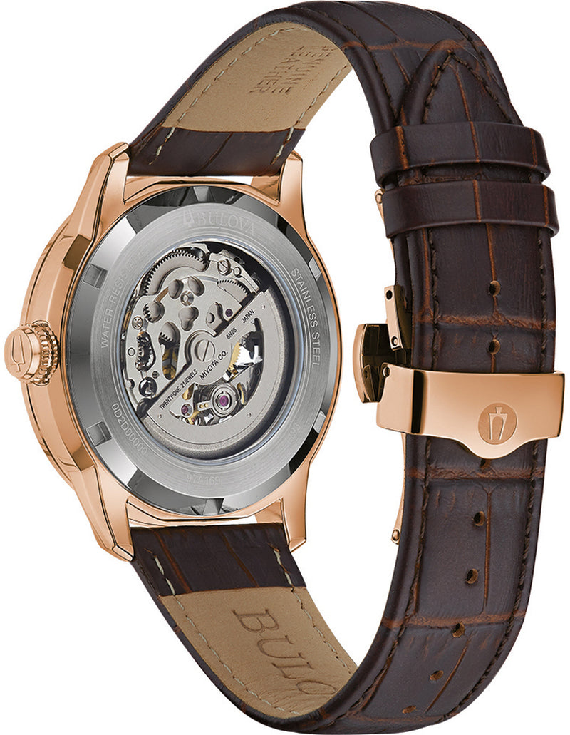 Bulova Sutton Skeleton Automatic Brown Leather Band Mens Watch 97A169