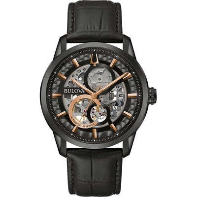 Bulova Sutton Skeleton Automatic Black Leather Band Mens Watch 98A283