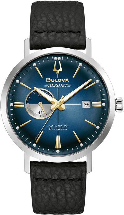Bulova Aerojet Automatic Blue Dial Black Leather Band Mens Watch 96B374