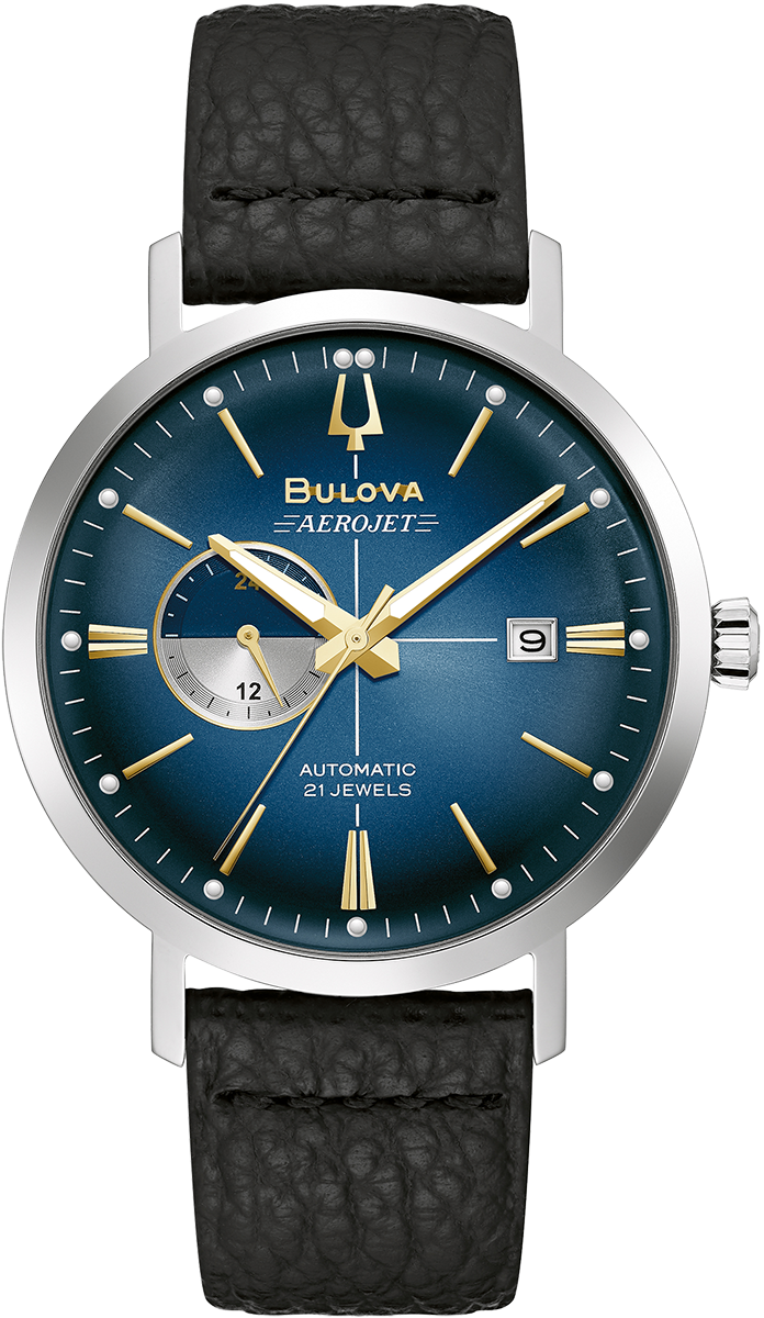 Bulova Aerojet Automatic Blue Dial Black Leather Band Mens Watch 96B374