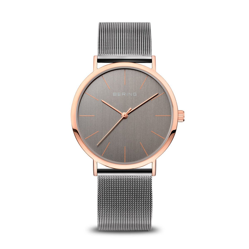 Bering Classic Polished Rose Gold Grey Mesh Watch