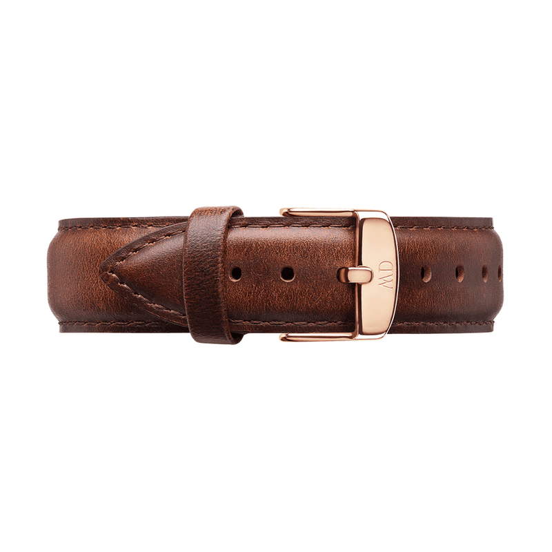 Brown leather watch strap with a rose gold buckle.