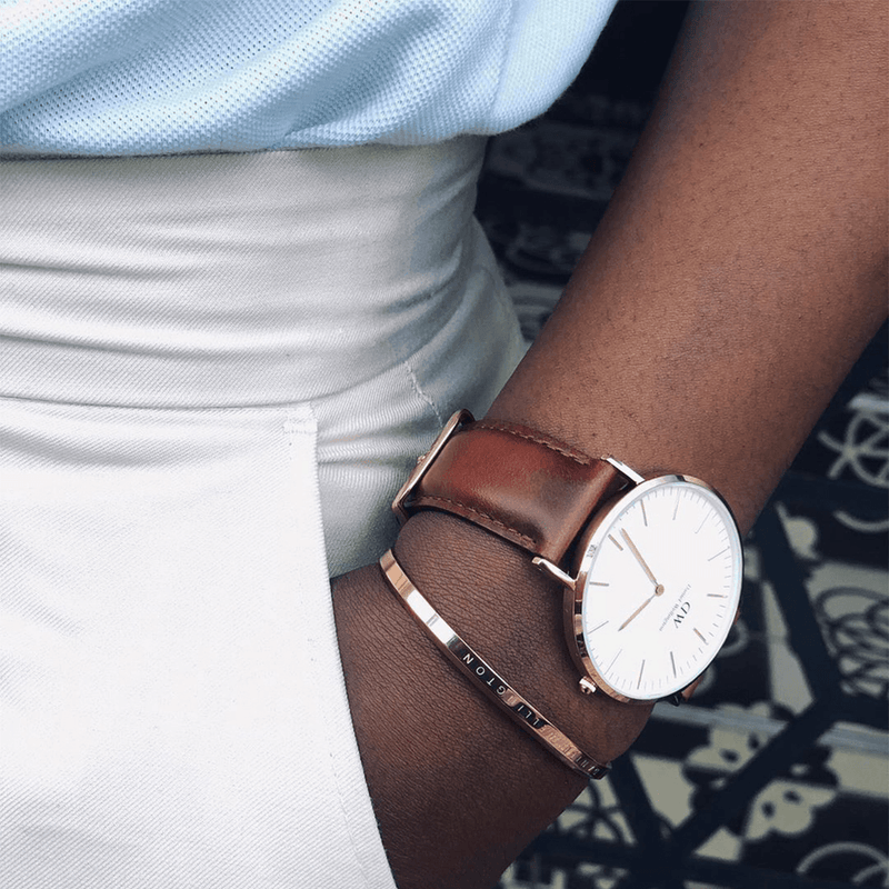 Elegant wristwatch with a white face and brown leather strap.