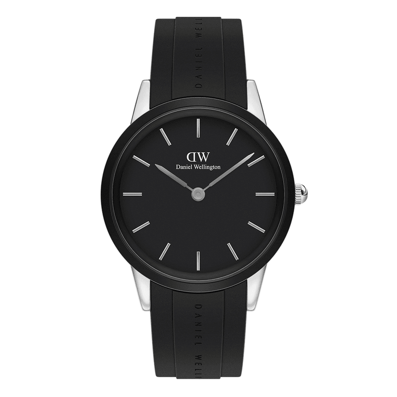 Sleek black wristwatch with silver accents and a minimalist dial design.