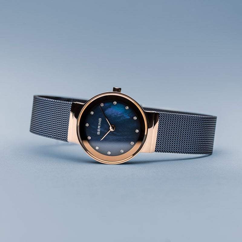 Bering Classic Polished Rose Gold Blue Mesh Swarovski Watch