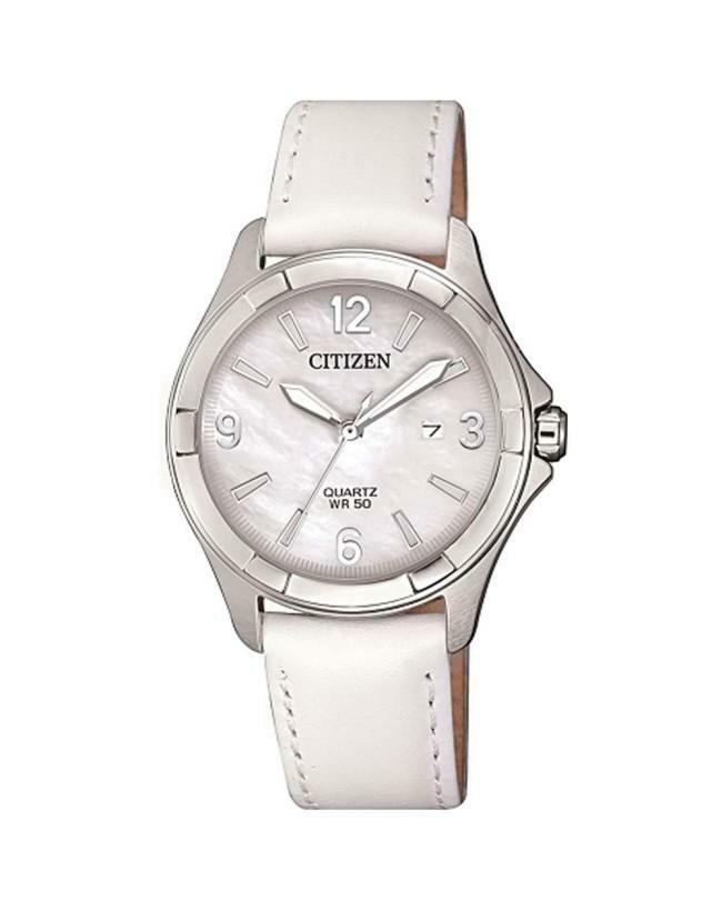 Citizen White Mother Of Pearl Leather Band Women's Watch EU6080-07D