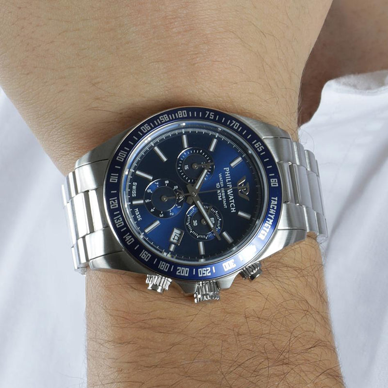 Philip Caribe Blue Sunray Silver Bracelet Chronograph