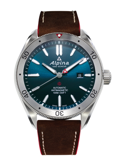 Alpina wristwatch with a teal dial and brown leather strap.