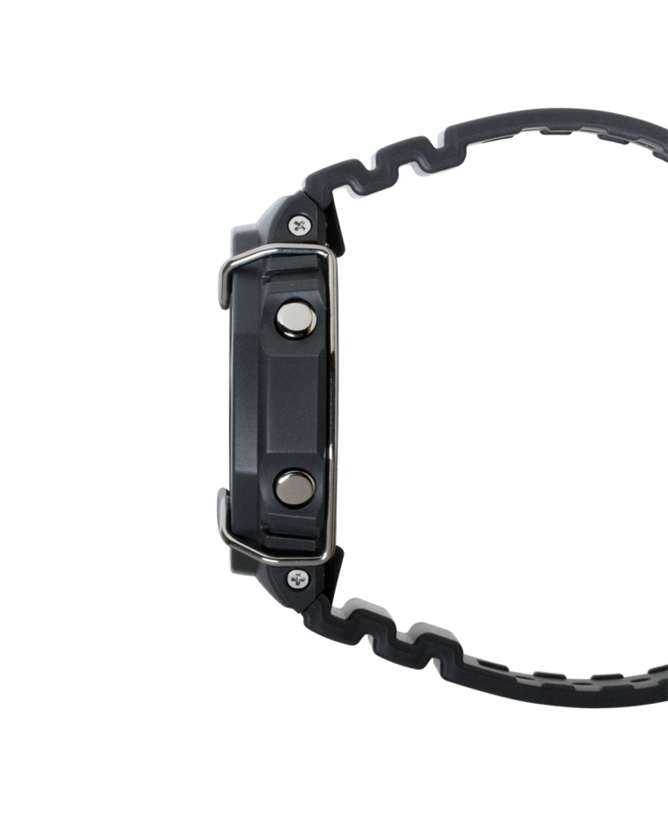 Digital wristwatch with a black resin band and rectangular display.