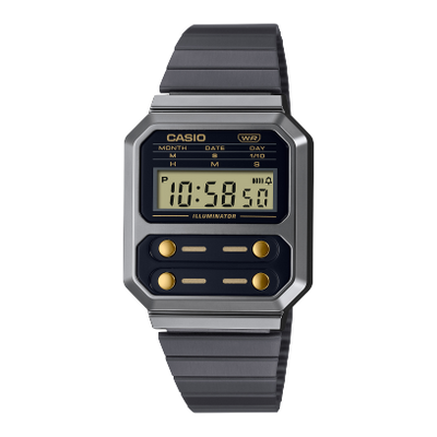 Casio Vintage Revival F100 Black and Gold Dual Time Digital A100WEGG-1A2