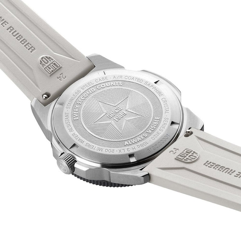 Wristwatch with a silver case and gray strap featuring an engraved star design on its caseback.