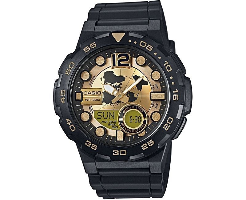 Casio World Time Alarm Analog Digital Aeq-100Bw-9Av Mens Watch