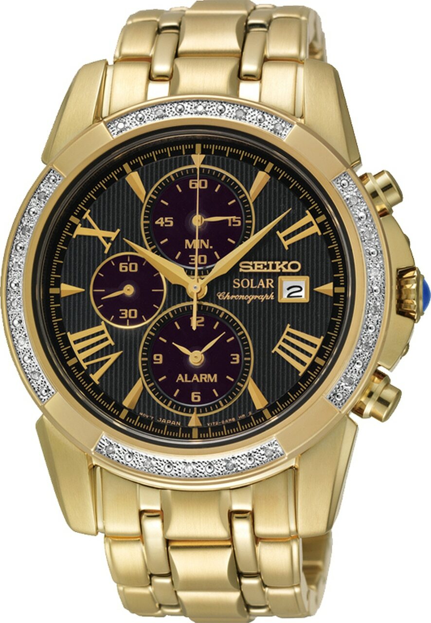 Gold-toned luxury wristwatch with a dark face and diamond-encrusted bezel.