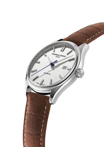 Wristwatch with a white dial, silver case, and brown leather strap.