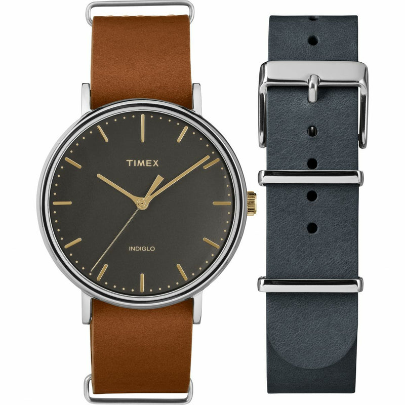 Timex Fairfield Brown Leather + Grey Leather Band Mens Watch (Twg016500)