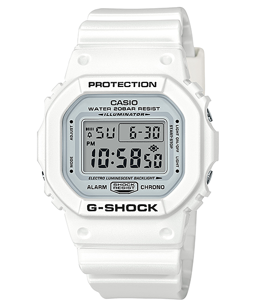 White Casio G-Shock digital wristwatch with a square face.