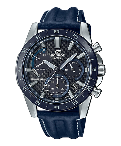 Sleek chronograph wristwatch with a navy blue leather strap and silver-toned case.