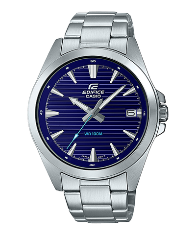 Silver wristwatch with a blue dial and Casio Edifice branding.