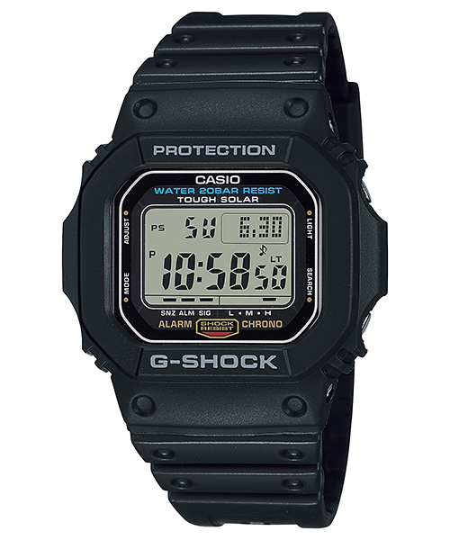 Rugged black Casio G-Shock digital wristwatch with square face.