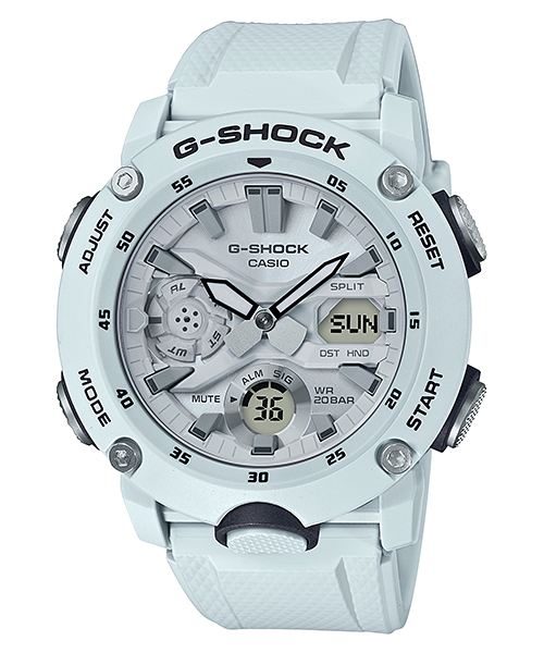 White G-Shock wristwatch with multiple dials and a digital display.